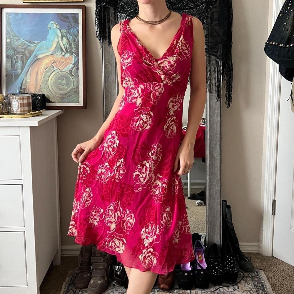 Ann Taylor Hot Pink Floral Silk Midi Babydoll Dress V-Neck Vintage 2000s Size 2